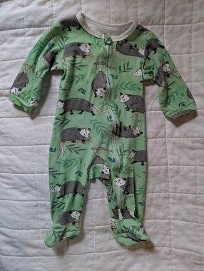 Green Possum Print Footed One-Piece for Kids